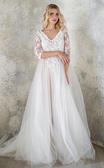 V-Neck 3-4 Length Sleeve Tulle Sequins Satin Beaded Lace Wedding Dress