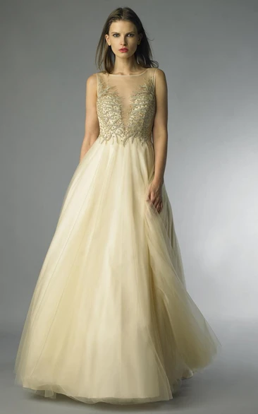 A-line Floor-length Bateau Sleeveless Tulle Low-V Back Dress