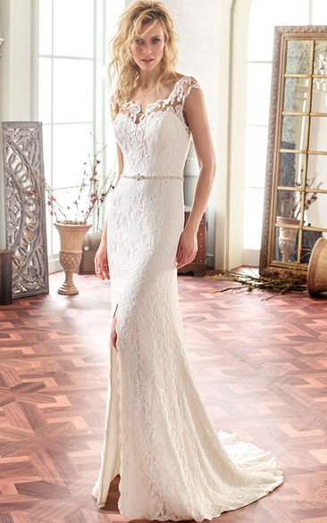 Square Long Split-Front Lace Wedding Dress With Sweep Train And Illusion