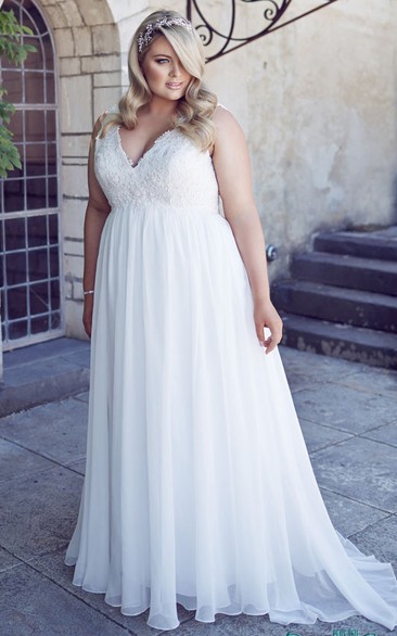 V-Neck Floor-Length Sleeveless Chiffon Plus Size Wedding Dress With Appliques