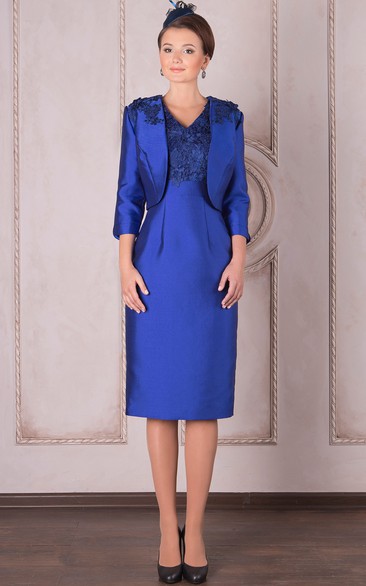 Knee-Length 3-4 Sleeve V-Neck Appliqued Satin Mother Of The Bride Dress