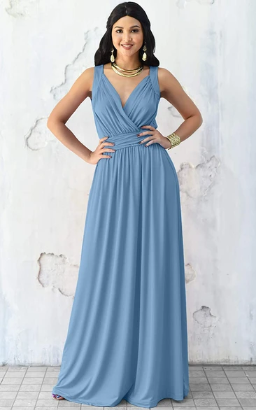 Sexy V-neck A Line Sleeveless Floor-length Chiffon Bridesmaid Dress With Ruching