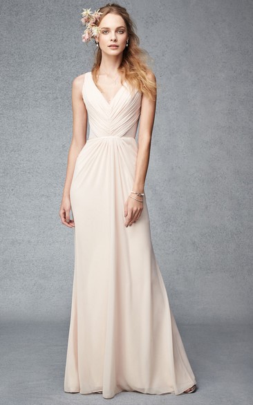 Maxi Ruched V-Neck Sleeveless Chiffon Bridesmaid Dress