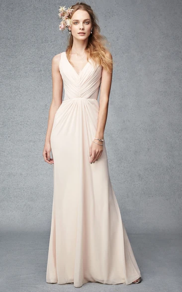 Maxi Ruched V-Neck Sleeveless Chiffon Bridesmaid Dress