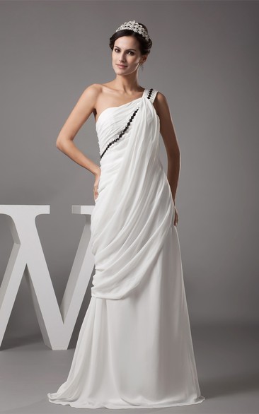 One Shoulder Ruched A-Line Floor Length Dress With Ruffles and Sequins