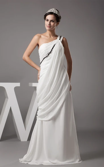 One Shoulder Ruched A-Line Floor Length Dress With Ruffles and Sequins