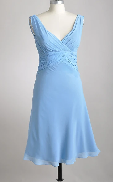 Knee-length Deep-V A-line Pleated Chiffon Bridesmaid Dress