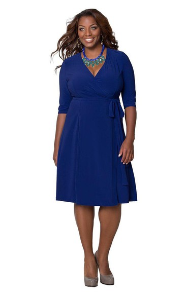 Half-sleeved A-line V-neck Dress With Bow