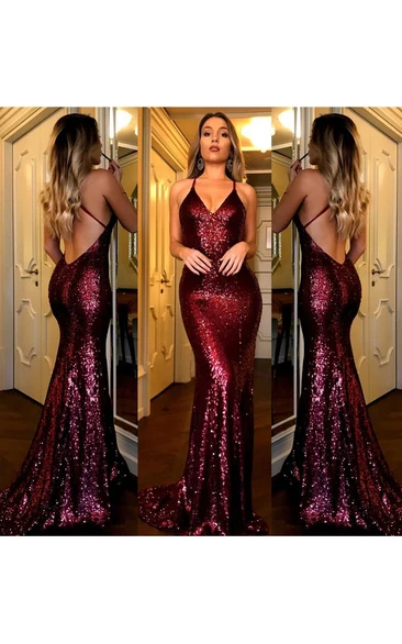 Mermaid Trumpet Sequins Spaghetti Sleeveless Open Back Straps Dress