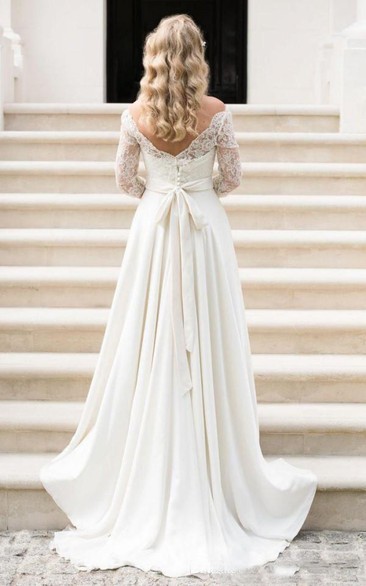 A Line Country Illusion Lace Bateau Neck V Back Zipper up Wedding Dress with Sleeves