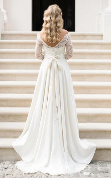 A Line Country Illusion Lace Bateau Neck V Back Zipper up Wedding Dress with Sleeves