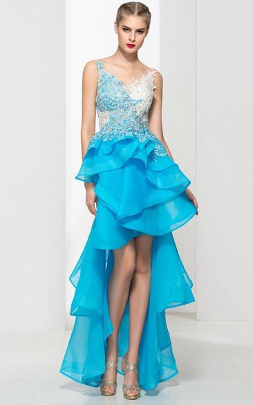 V-Neck Appliques Beading Asymmetry Prom Dress