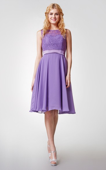 Cap-sleeved Bateau Neck Knee Length Chiffon Dress With Lace Bodice