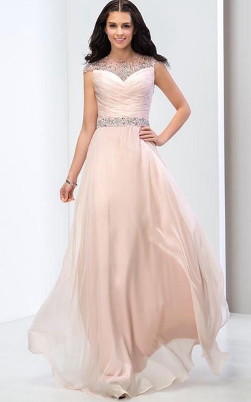 Cap Sleeves Pleats Sequins Long Prom Dress
