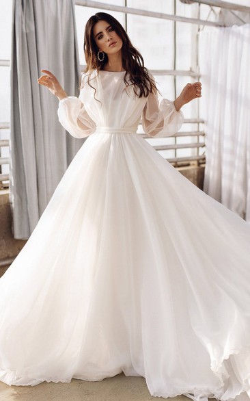 Bohemian Bateau A Line Floor-length Sweep Train Long Sleeve Wedding Dress