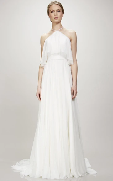 Halter Floor-Length Pleated Chiffon Wedding Dress With Court Train