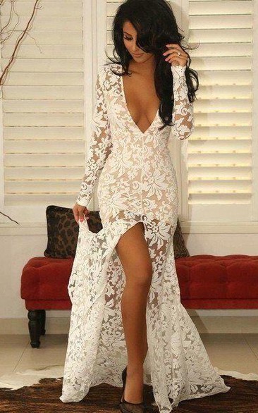 Modern Lace Deep V-neck Mermaid Prom Dress Front Split Long Sleeve