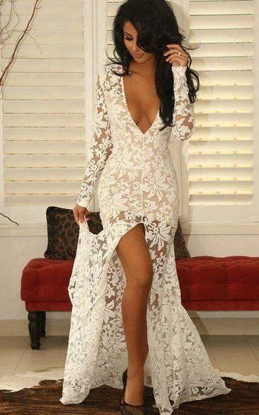 Modern Lace Deep V-neck Mermaid Prom Dress Front Split Long Sleeve