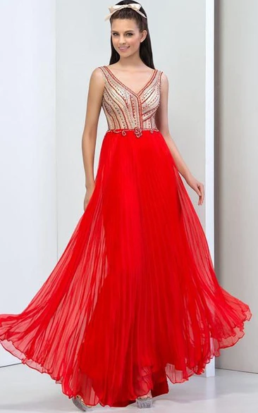 V-Neck Beaded Sequins Long Prom Dress