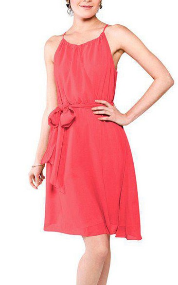 Spagetti Straps Short Chiffon Dress with Sash