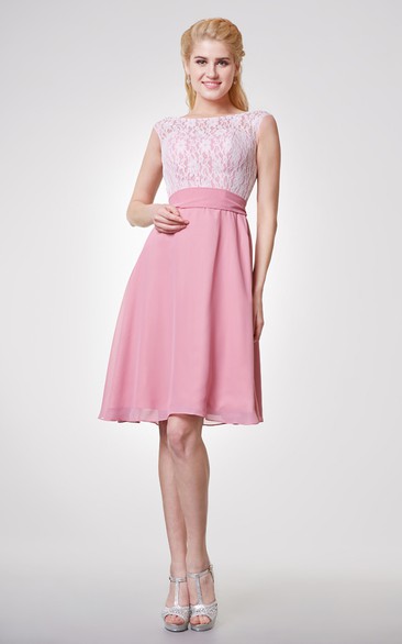 Bateau Neck Cap-sleeved Short Chiffon Dress With Lace Bodice