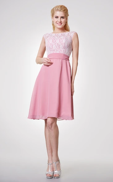 Bateau Neck Cap-sleeved Short Chiffon Dress With Lace Bodice