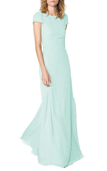 Keyhole Back Short Sleeves Long Chiffon Dress with Side Split