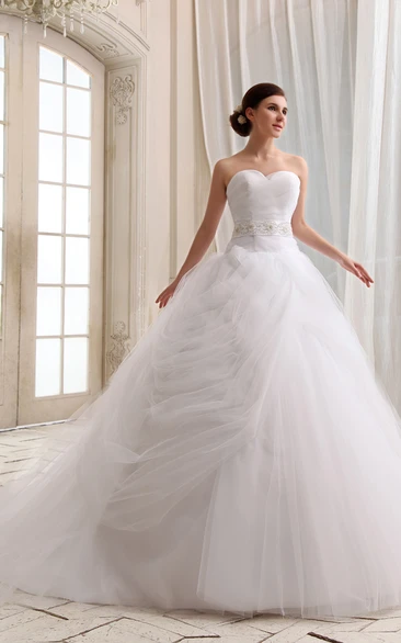 Sweetheart A-Line Ball Gown With Tulle Overlay and Court Train