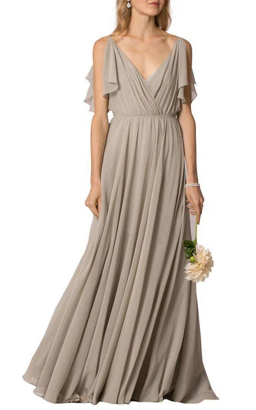 V-neck Ruched Floor-length Button Back Chiffon Dress