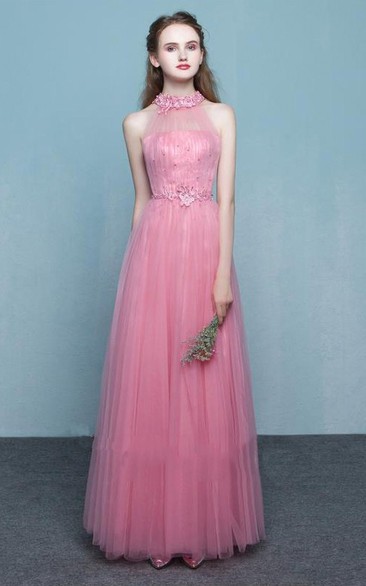 Tulle Sheath Halter Sleeveless Floor Length Dress with Keyhole Back