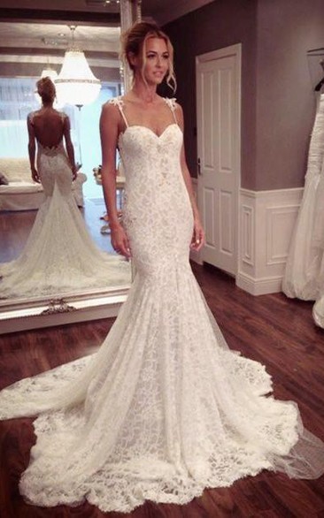 Sexy Mermaid Lace Court Train Wedding Dress Spaghetti Strap