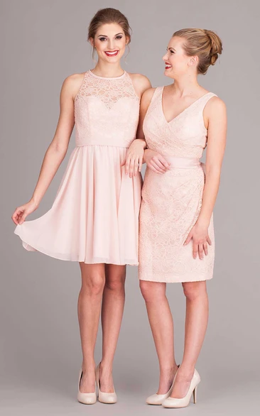 Mini Sleeveless Scoop Neck Lace Chiffon Bridesmaid Dress