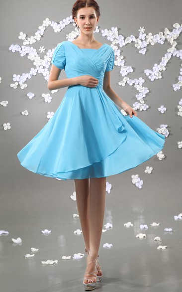 Chiffon Square-Neck Short Sleeve Dress With Ruching