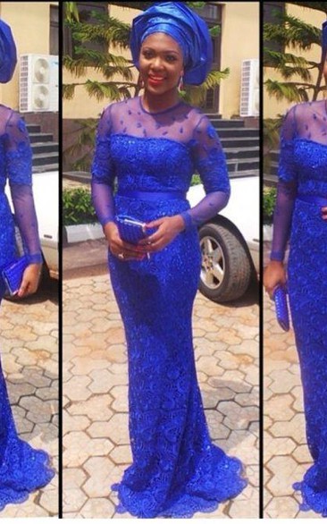 Long Sleeve Royal Blue Lace Prom Dress on Sale