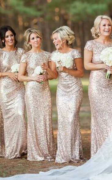 Sequin Bateau Short Cap Sleeve Low-V-Back Modern Floor-length Bridesmaid Dress - Cashmere/Champagne/Silver