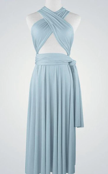 Criss-cross Bandage Top Pleated Chiffon Knee Length Dress With Sash