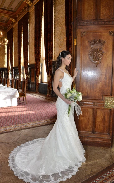 Sassy Backless V-Neck Sleeveless Mermaid Lace Bridal Gown