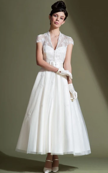 Ankle-Length A-Line V-Neck Cap Sleeve Appliqued Tulle Wedding Dress