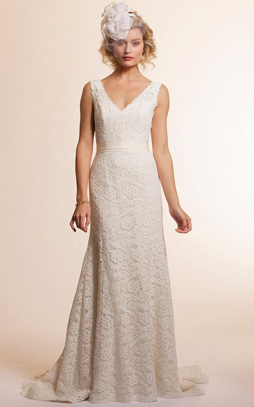 Sheath V-Neck Long-Sleeveless Lace Wedding Dress With V Back