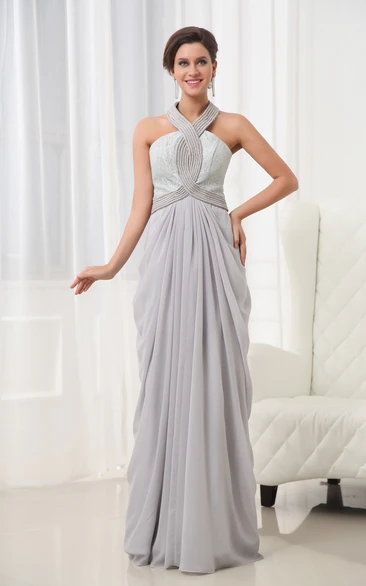 Graceful Vintage Halter A-Line Chiffon Gown Lace Bodice Beading Details