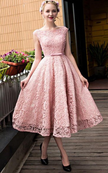 A-Line Bateau Lace Pearls Tea-Length Prom Dress