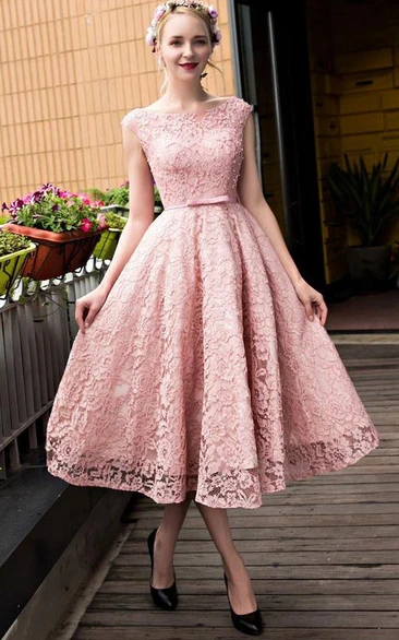 A-Line Bateau Lace Pearls Tea-Length Prom Dress