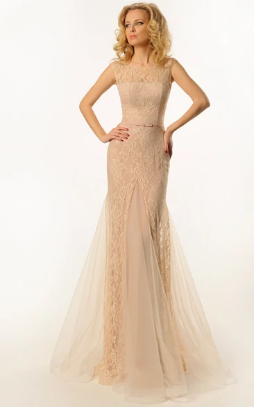 Sheath Scoop-Neck Sleeveless Long Tulle&Lace Prom Dress