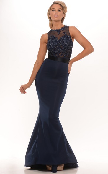 Mermaid Sleeveless High Neck Appliqued Satin Prom Dress