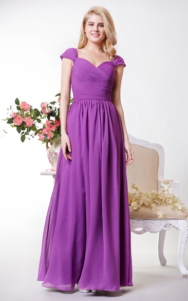 Demure Cap-sleeved A-line Chiffon Long Dress