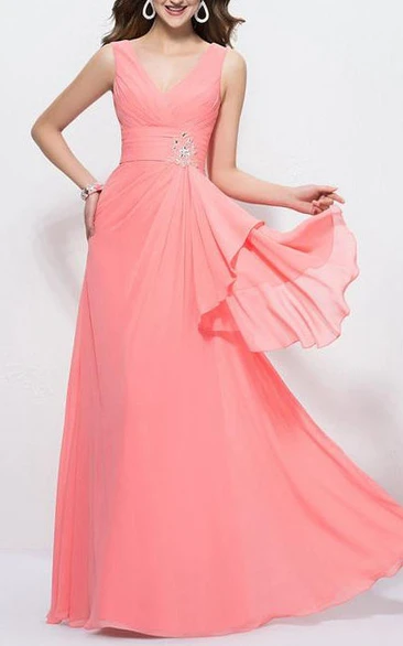 Stylish V-Neck A-Line Beading Zipper-up Floor Length Prom Dress