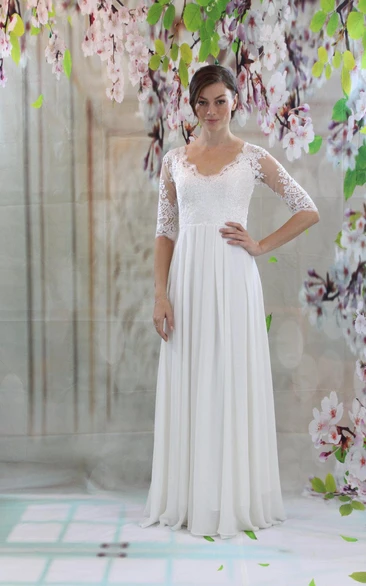 Half Sleeve V-Neck Keyhole Back Chiffon Dress With Lace Bodice and Pleated Skirt