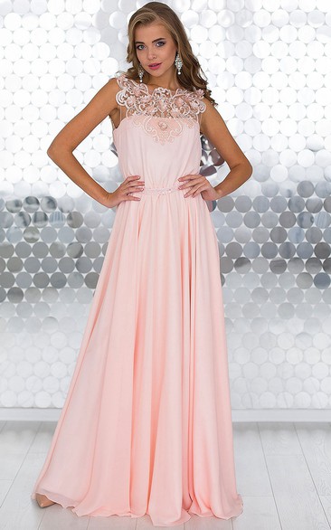 A-Line Floor-Length Bateau Sleeveless Chiffon Appliques Beading Illusion Dress