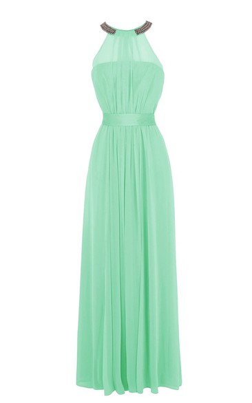 Jewel Pleated Chiffon A-line Gown With Satin Sash