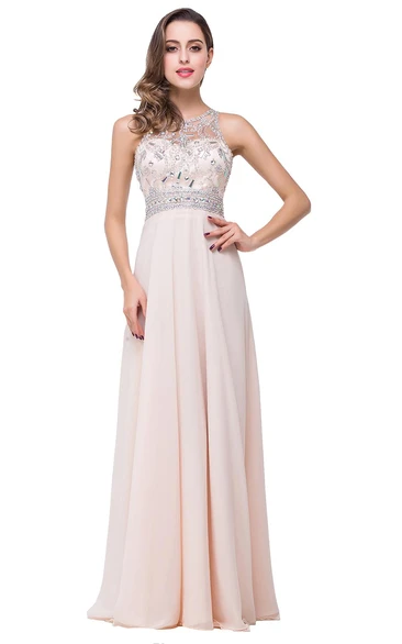 Elegant Beadings Chiffon A-line Prom Dress Zipper Illusion